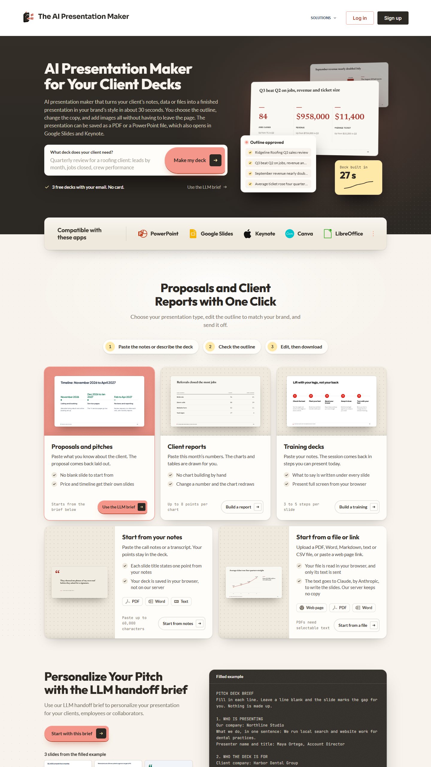 The AI Presentation Maker homepage: the headline AI Presentation Maker for Your Client Decks beside sample slides