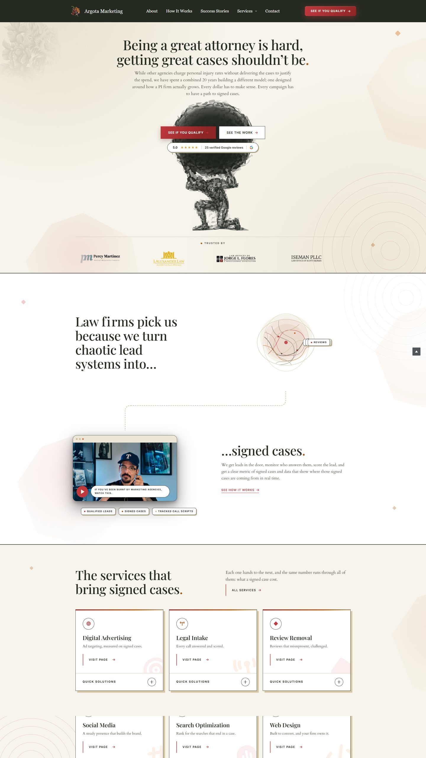 Argota Marketing homepage: the headline Being a great attorney is hard, getting great cases shouldn’t be, two buttons, a review badge and a row of client logos