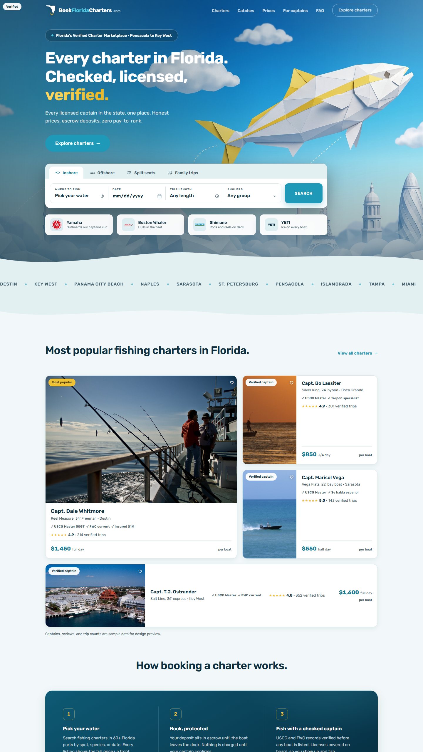 BookFloridaCharters homepage: the headline Every charter in Florida. Checked, licensed, verified, above a trip search form