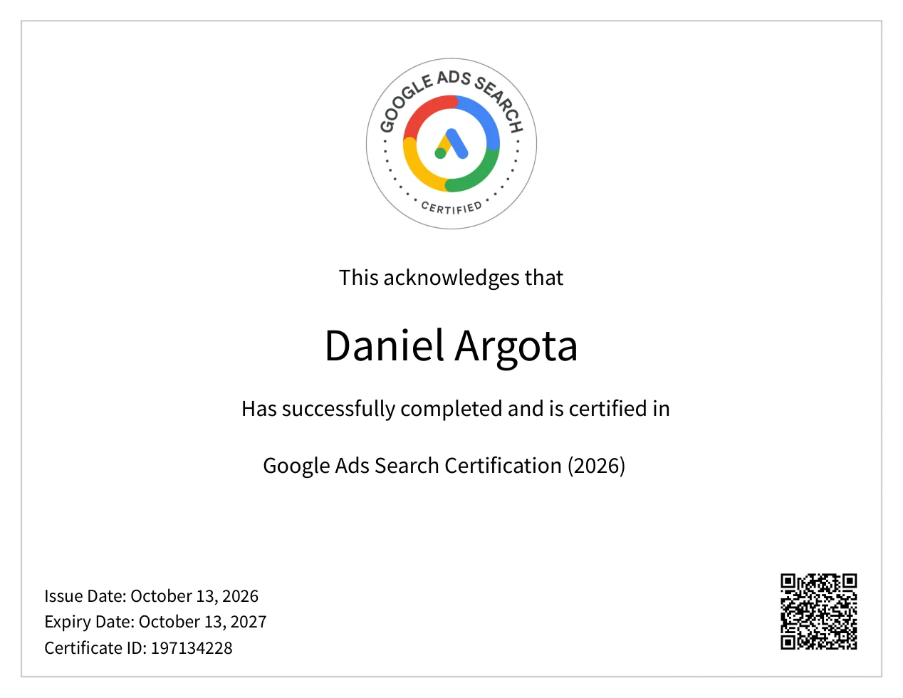 Google Ads Search Certification (2026) issued to Daniel Argota, certificate ID 197134228