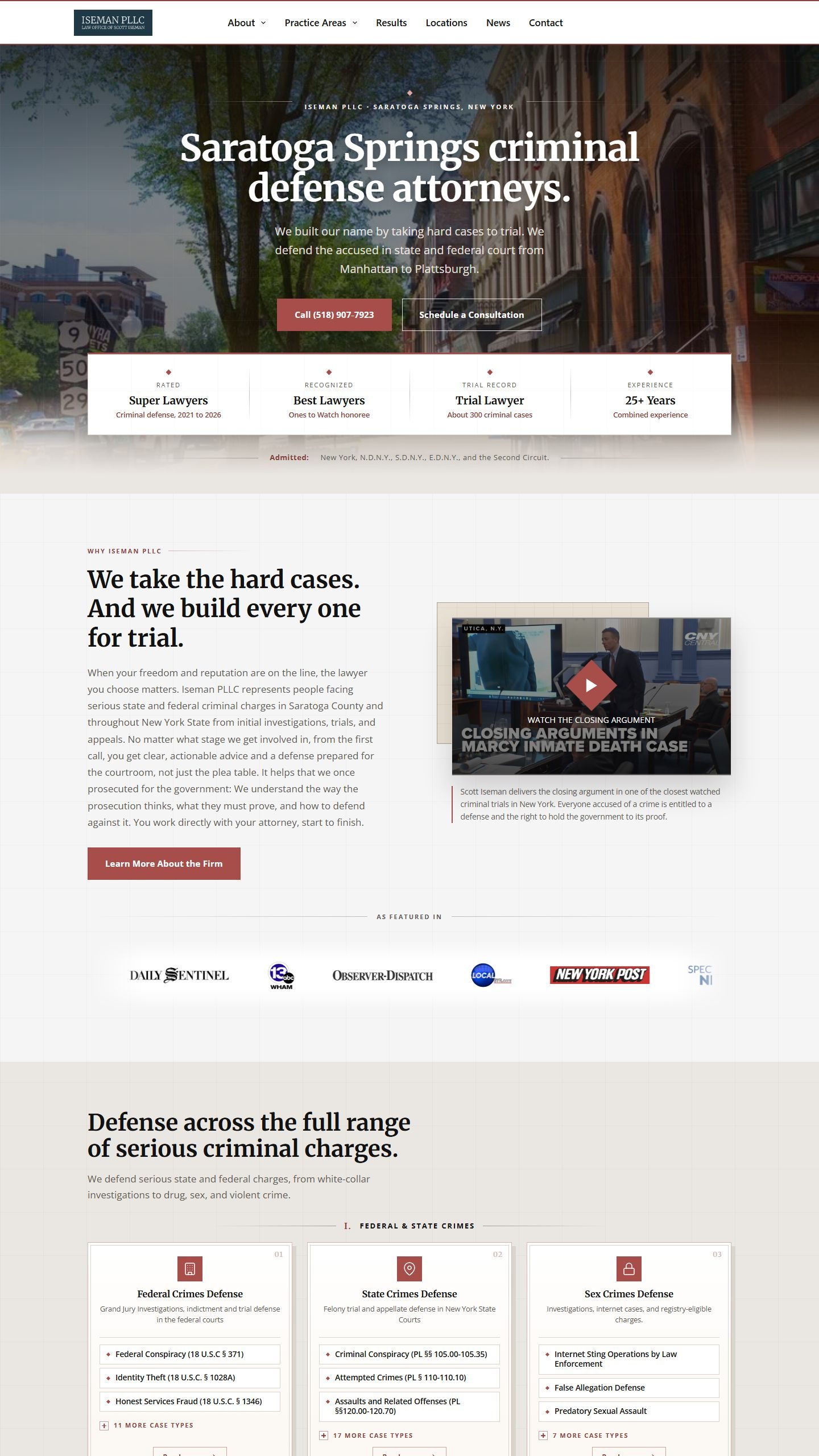 Iseman PLLC homepage: a street photo of Saratoga Springs, the headline Saratoga Springs criminal defense attorneys, a call button and a grid of practice areas