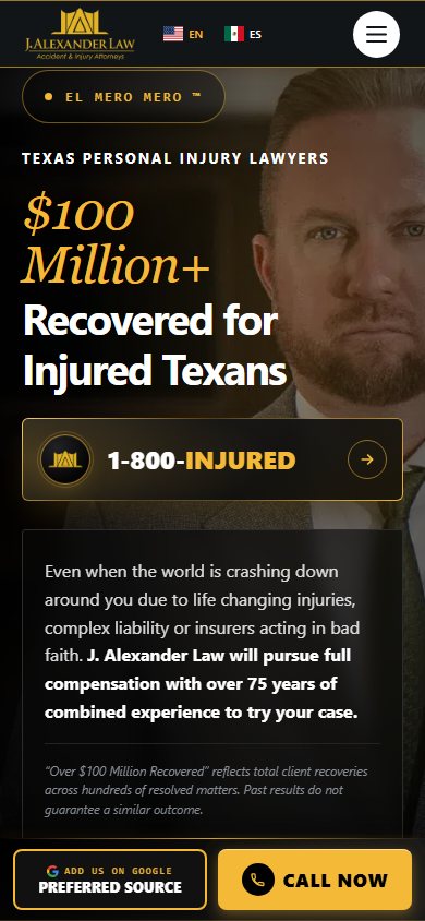 J. Alexander Law homepage on a phone, with the call bar pinned to the bottom of the screen