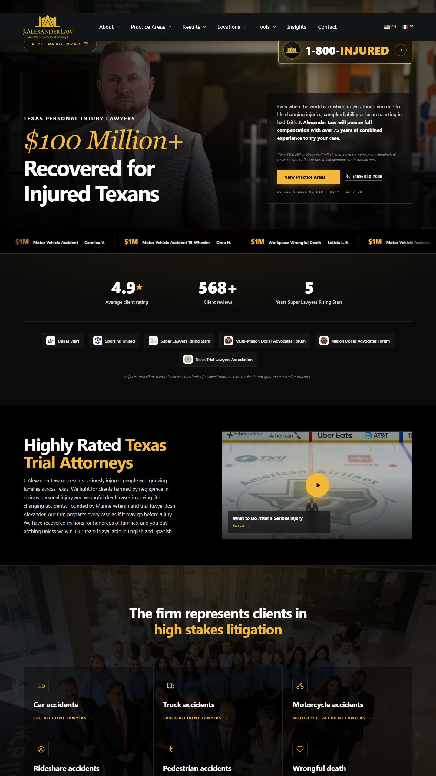 J. Alexander Law homepage: a portrait of the founder, the headline $100 Million+ Recovered for Injured Texans, a phone number and a row of case results