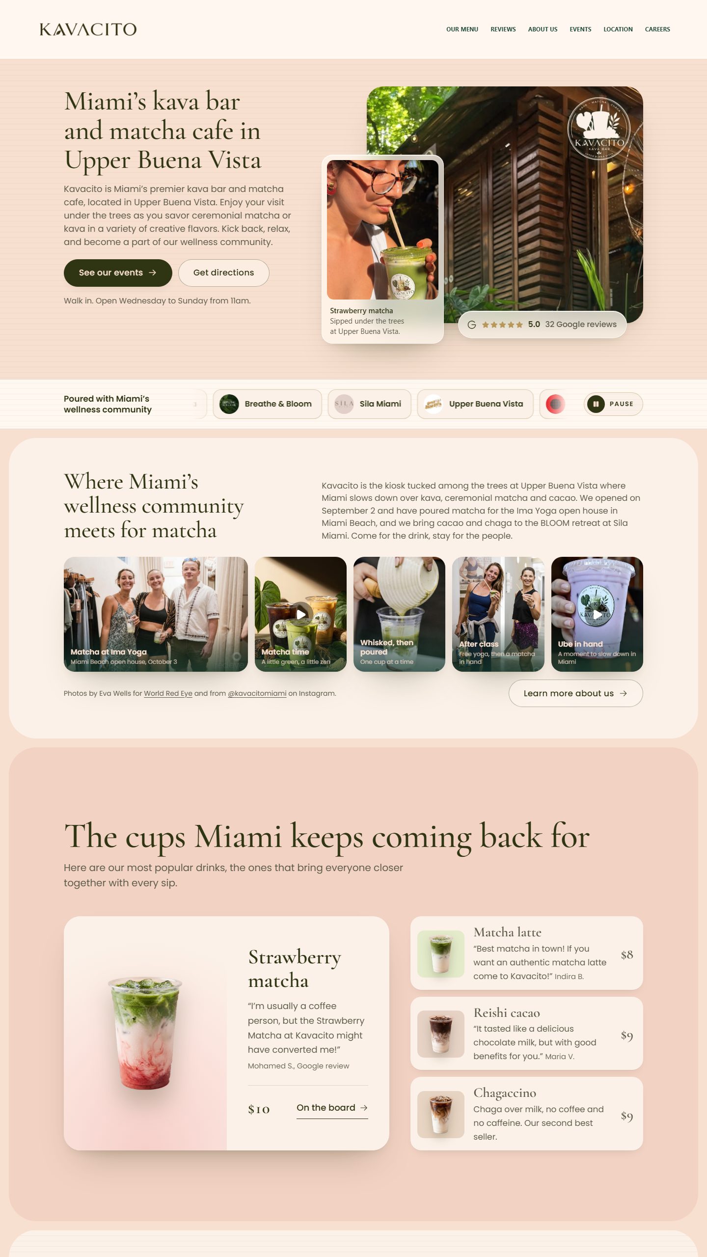 Kavacito homepage: the headline Miami's kava bar and matcha cafe in Upper Buena Vista beside a photo of the kiosk, a row of community photos, and the drinks people order most